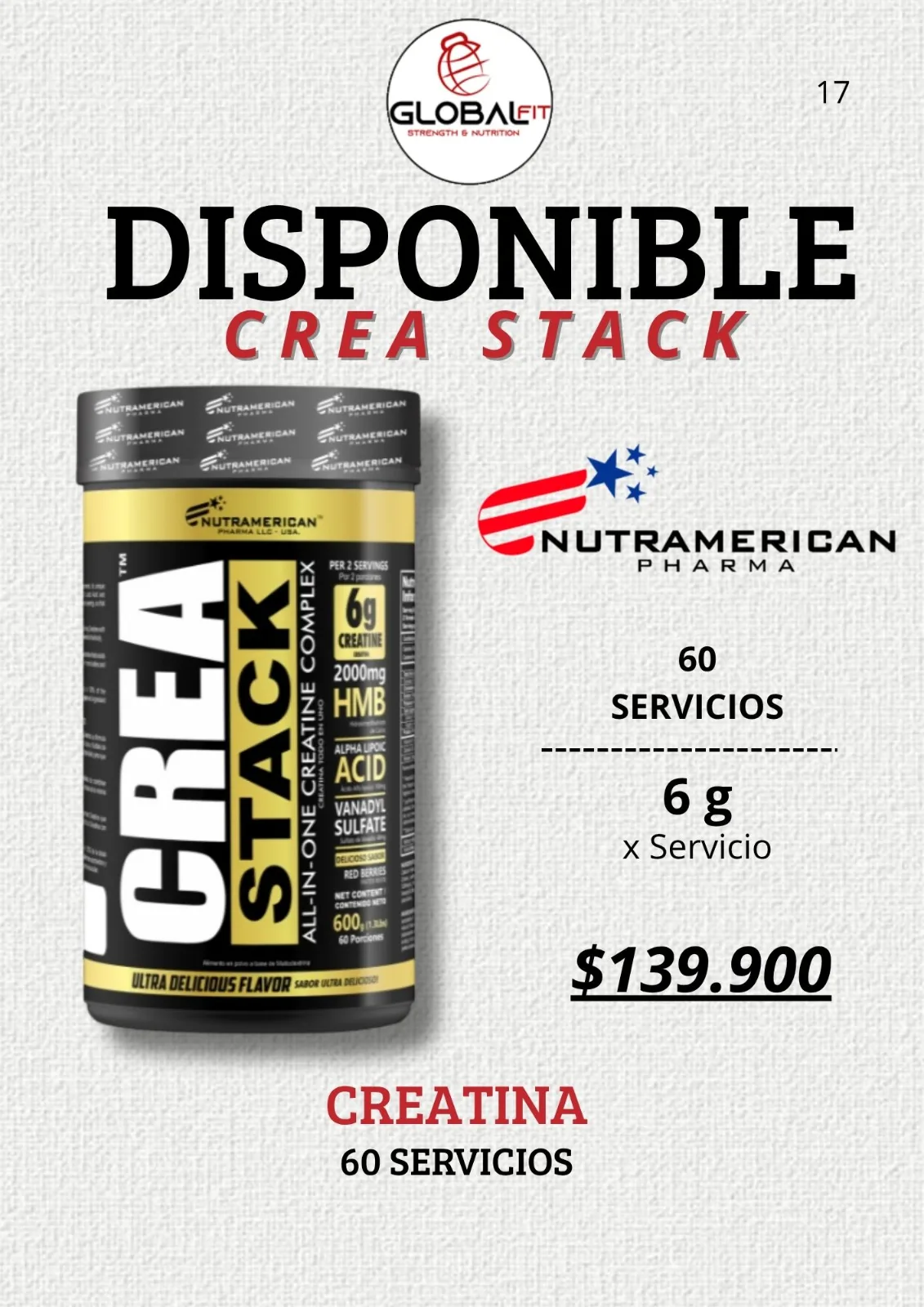 CREATINA MONOHIDRATADA CREA STACK NUTREAMERICAN | 60 SERVICIOS imagen 3