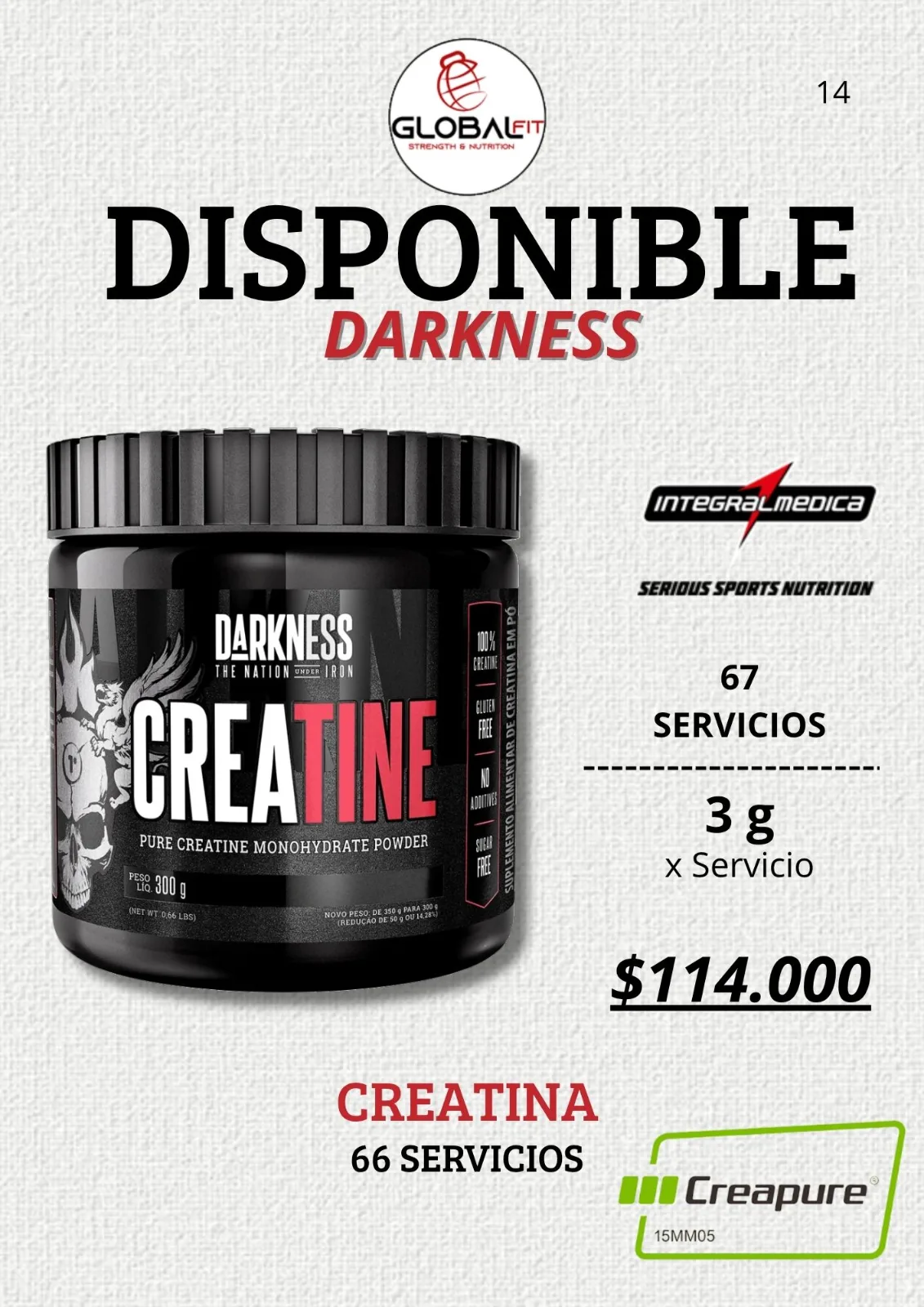 Creatina Monohidratada Integral Médica Darkness 200gr SELLO CREAPURE imagen 3