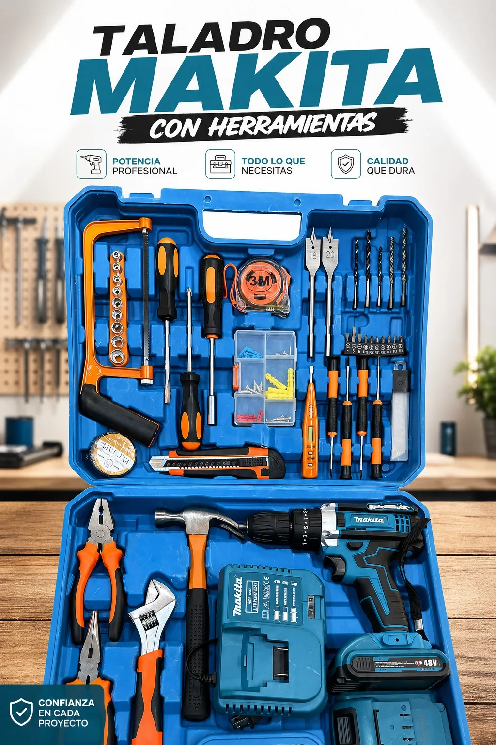 Taladro con kit completo de herramientas makita